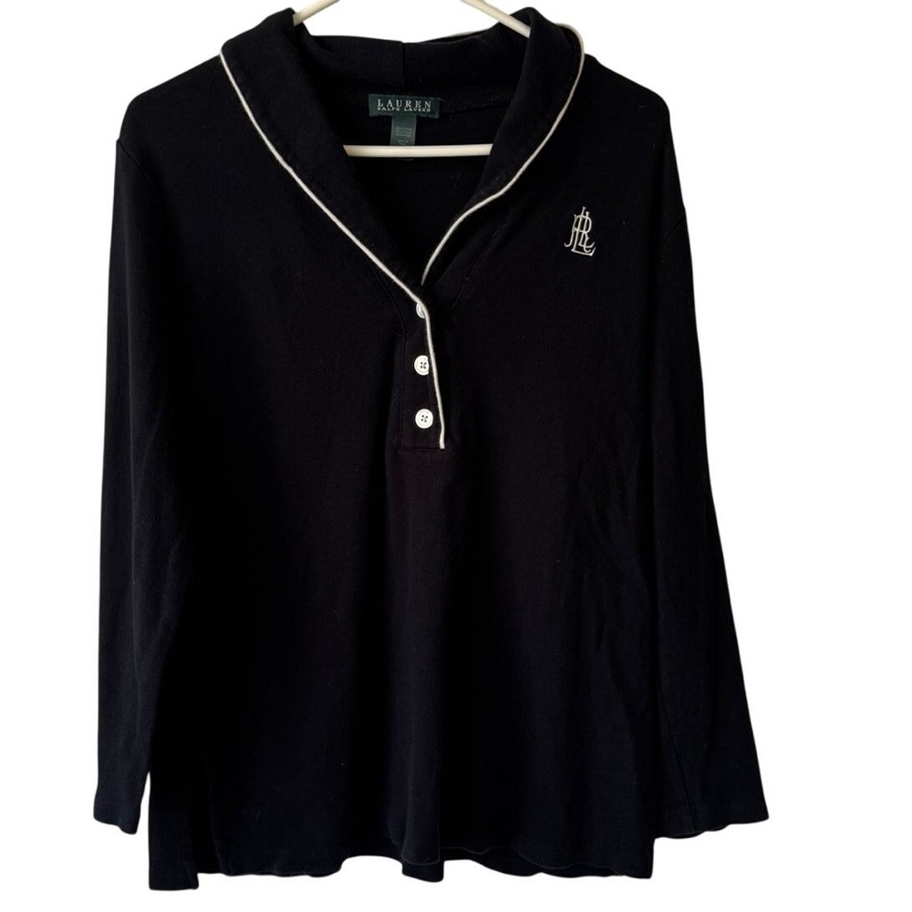 LAUREN Ralph Lauren Vintage Pajama Shirt/ Robe in Black with White Trim